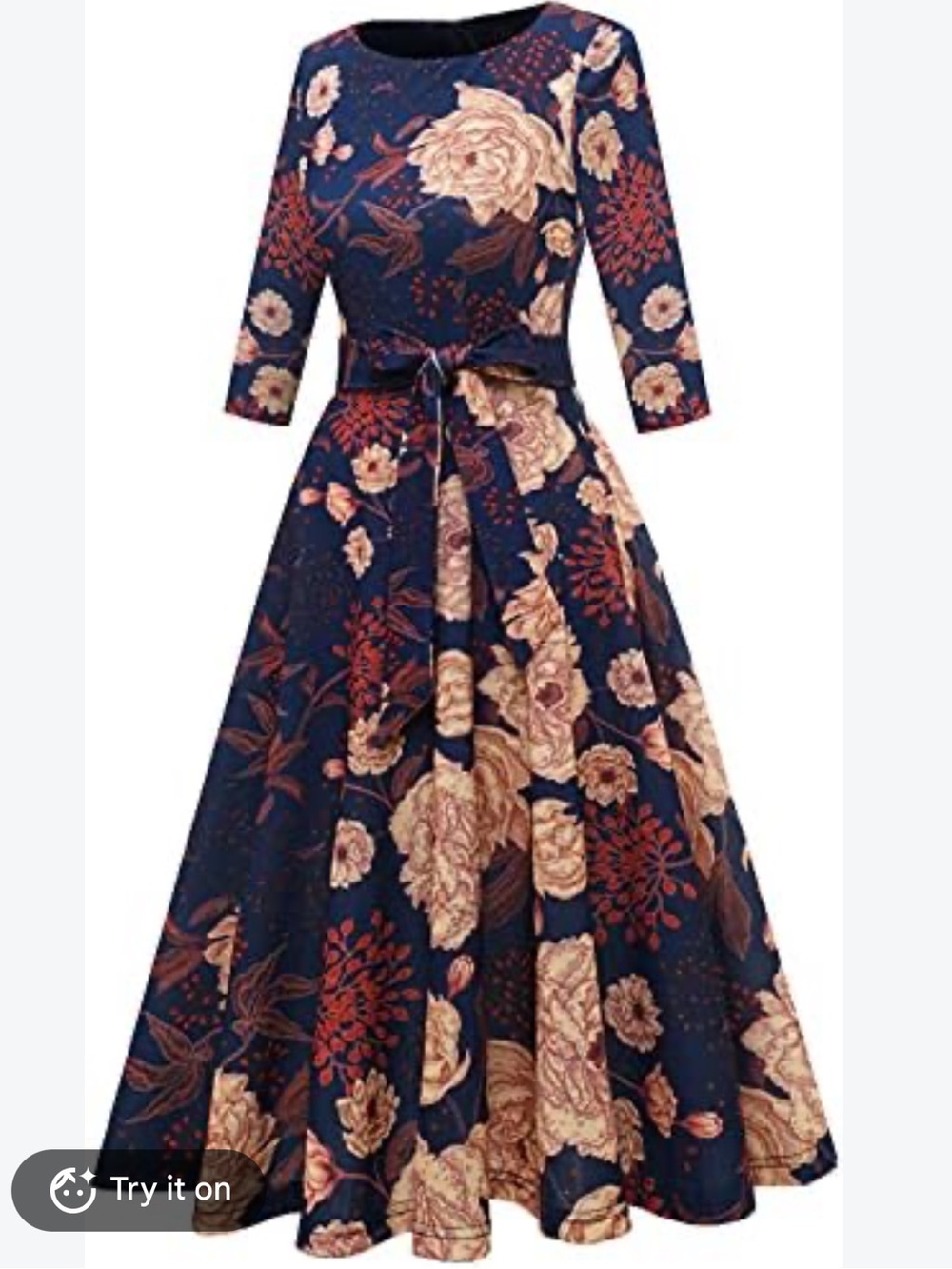 Vintage Floral Navy Midi Dress with Belt